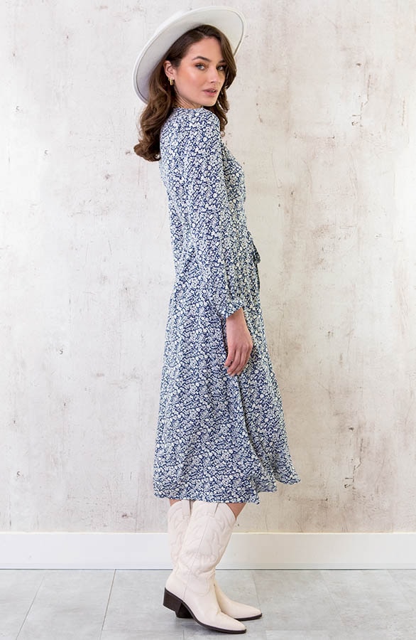 Midi Bloemen Jurk Met Strik Blauw – shoparchief, foto 3