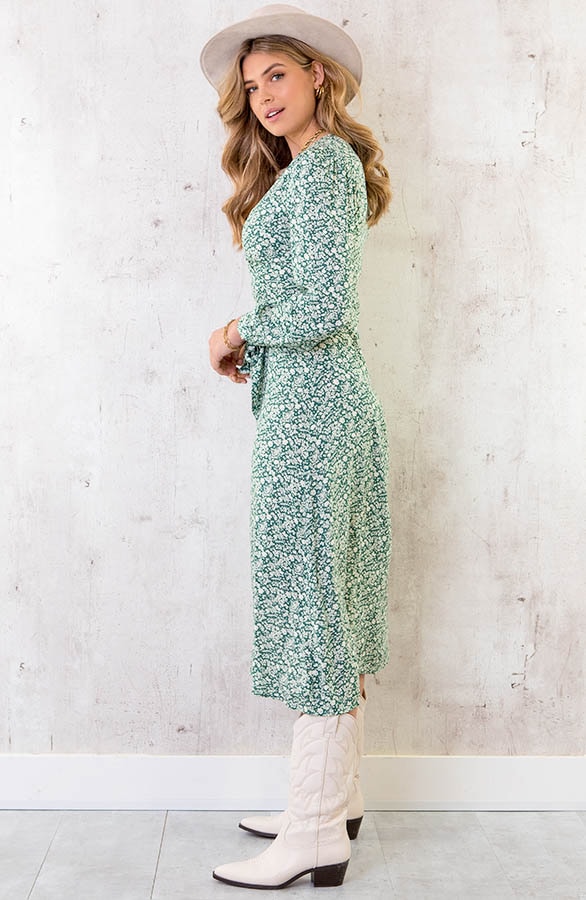 Midi Bloemen Jurk Met Strik Groen – shoparchief, foto 3