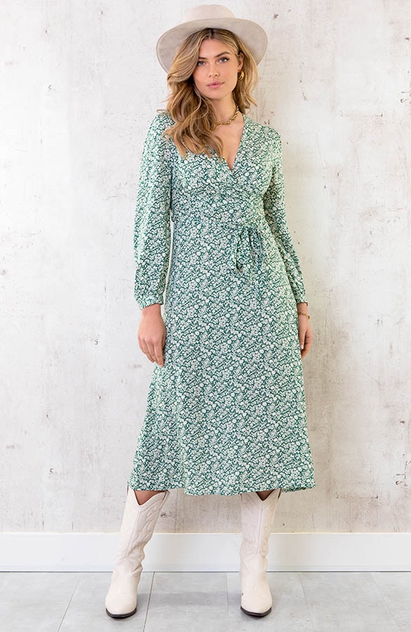Midi Bloemen Jurk Met Strik Groen – shoparchief