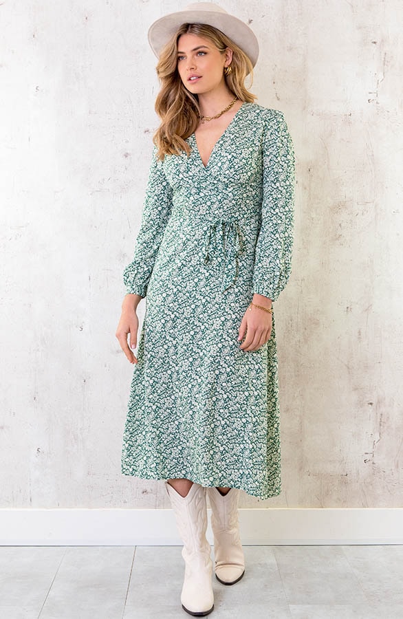 Midi Bloemen Jurk Met Strik Groen – shoparchief, foto 2
