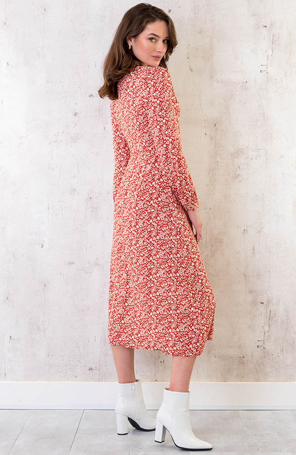 Midi Bloemen Jurk Met Strik Rood – shoparchief, foto 4