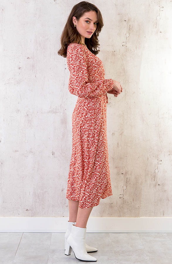 Midi Bloemen Jurk Met Strik Rood – shoparchief, foto 3