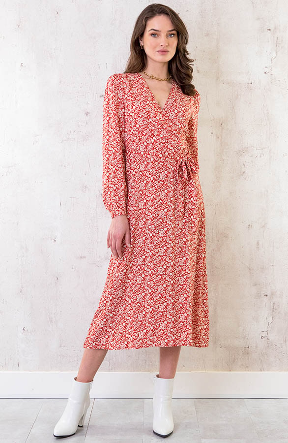 Midi Bloemen Jurk Met Strik Rood – shoparchief