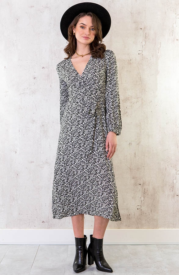 Midi Bloemen Jurk Met Strik Zwart – shoparchief, foto 2