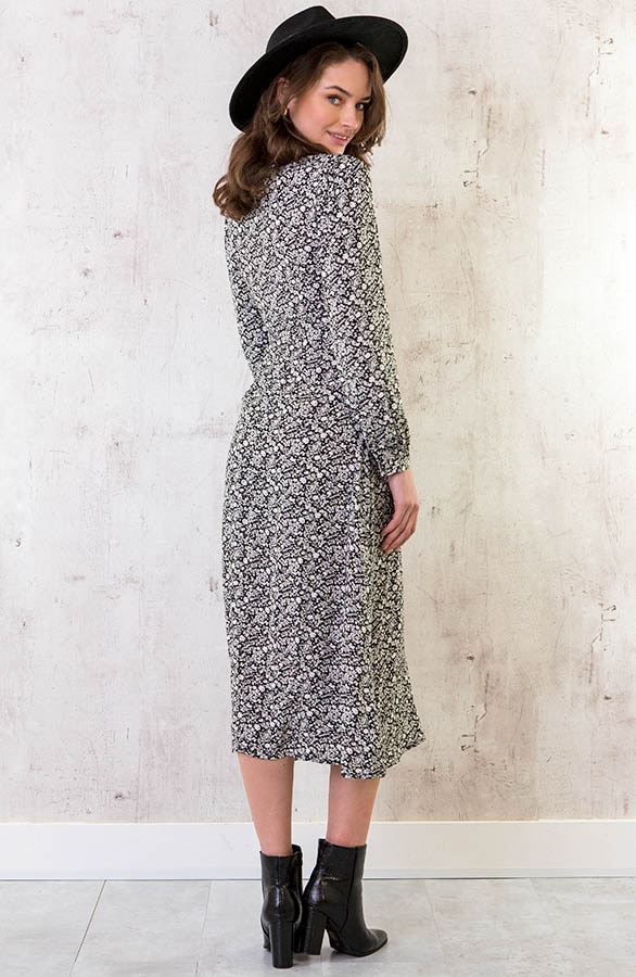 Midi Bloemen Jurk Met Strik Zwart – shoparchief, foto 4