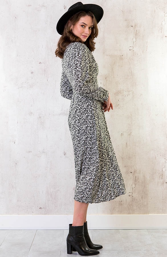 Midi Bloemen Jurk Met Strik Zwart – shoparchief, foto 3