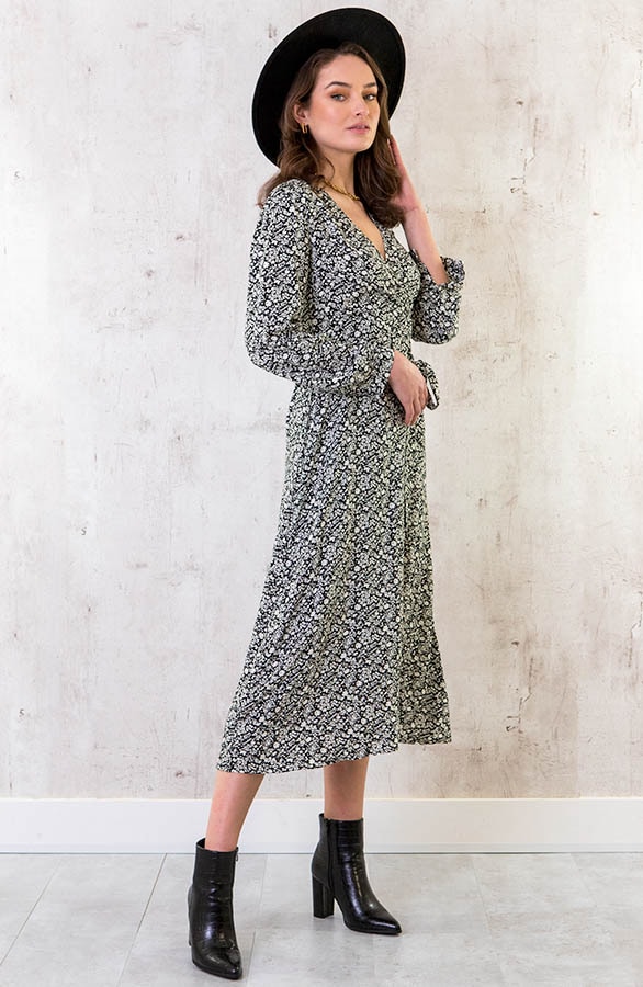 Midi Bloemen Jurk Met Strik Zwart – shoparchief