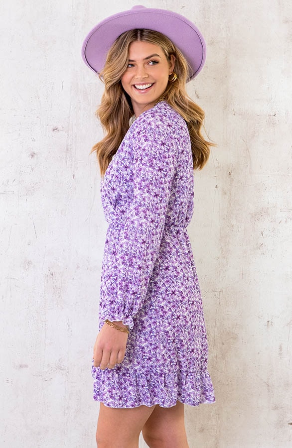 Overslag Jurk Aquarel Bloemen Lila – shoparchief, foto 3