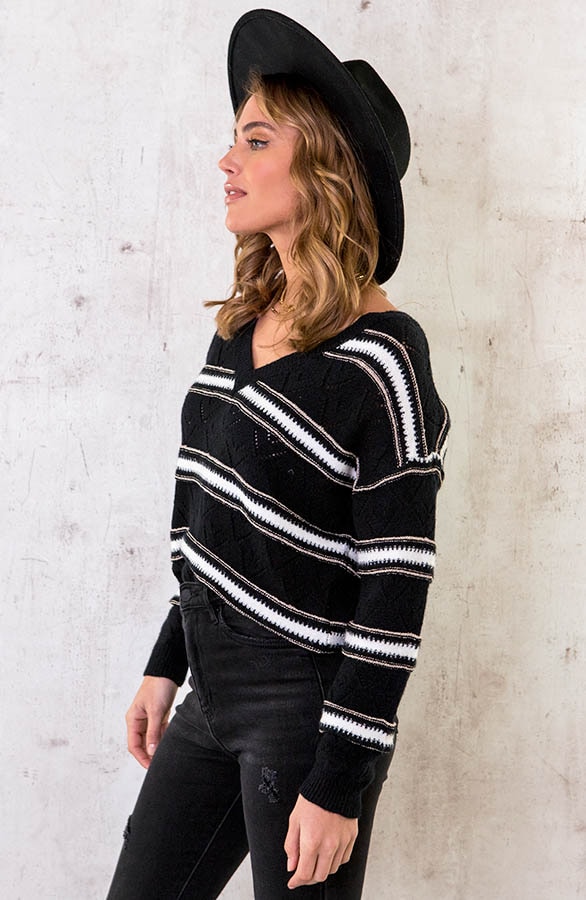 V-hals Gehaakte Lurex Trui Zwart – shoparchief, foto 2