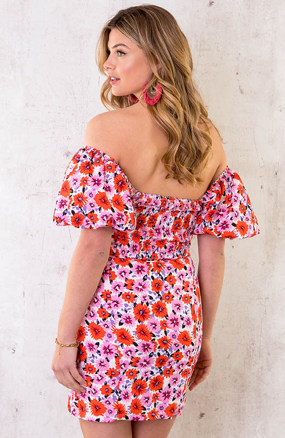 Bloemen Jurk Pofmouwen Roze Rood – shoparchief, foto 4