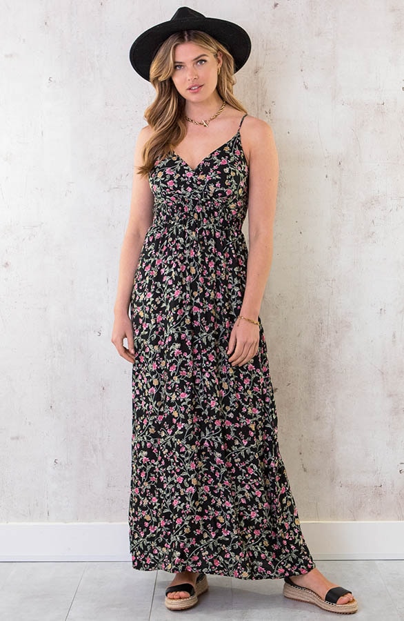Spaghetti Maxi Jurk Flower Zwart – shoparchief