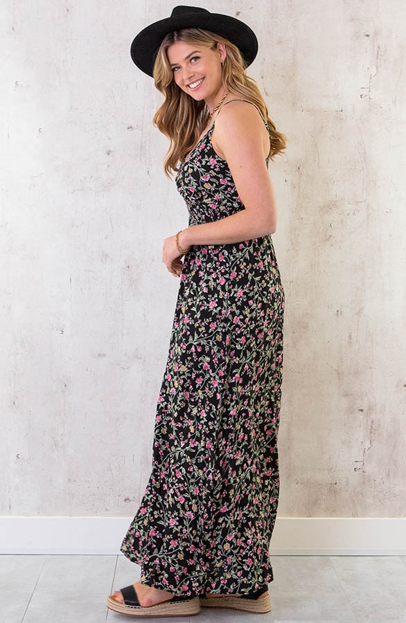 Spaghetti Maxi Jurk Flower Zwart – shoparchief, foto 3