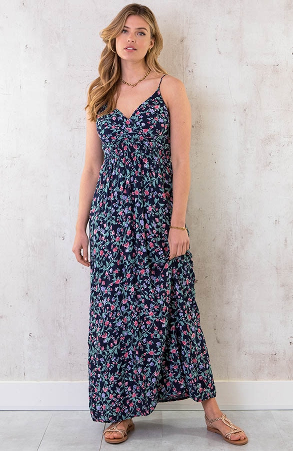 Spaghetti Maxi Jurk Flower blauw – shoparchief