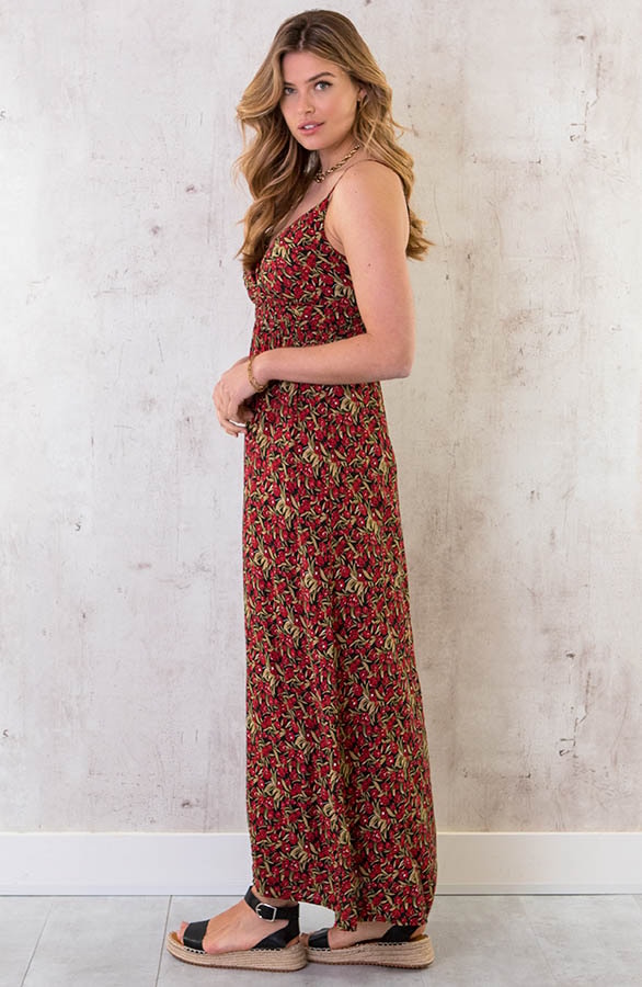 Spaghetti Maxi Jurk Bloemen Rood Zwart – shoparchief, foto 3