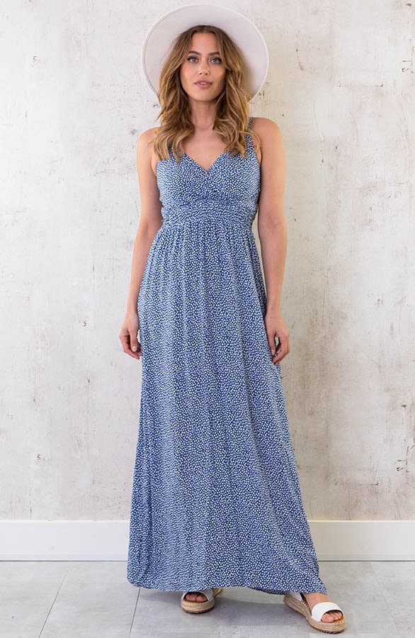 Spaghetti Maxi Jurk Leaves Blauw – shoparchief, foto 3