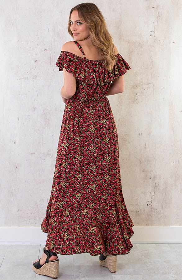 Off Shoulder Maxi Jurk Bloemen Rood Zwart – shoparchief, foto 4