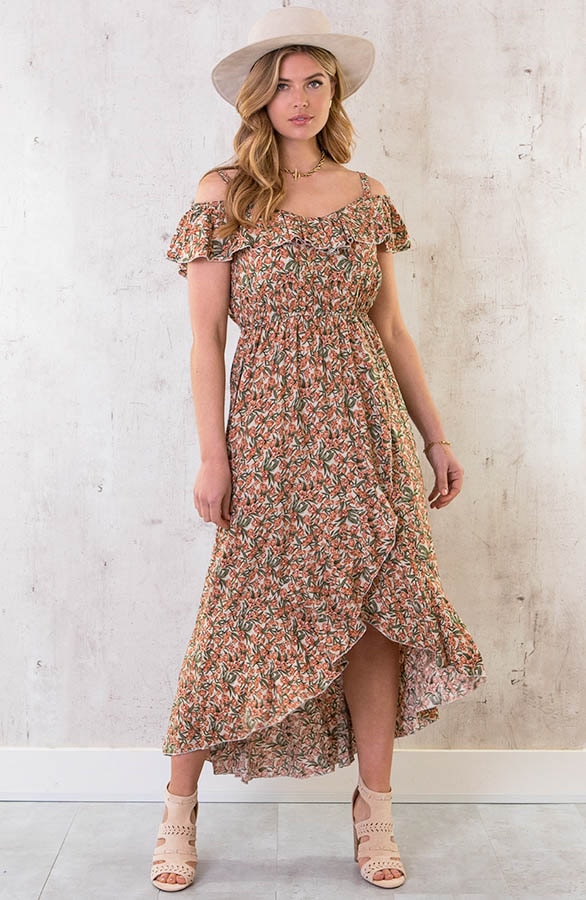 Off Shoulder Maxi Jurk Bloemen beige – shoparchief
