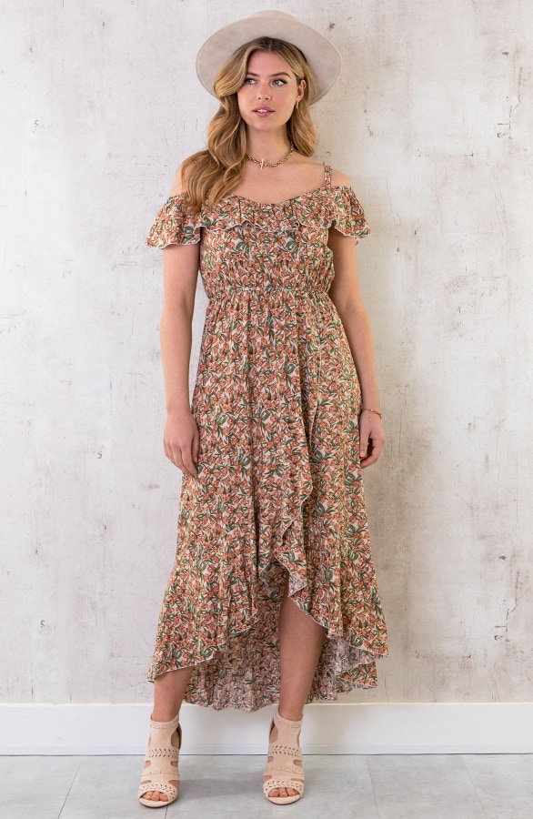 Off Shoulder Maxi Jurk Bloemen beige – shoparchief, foto 2