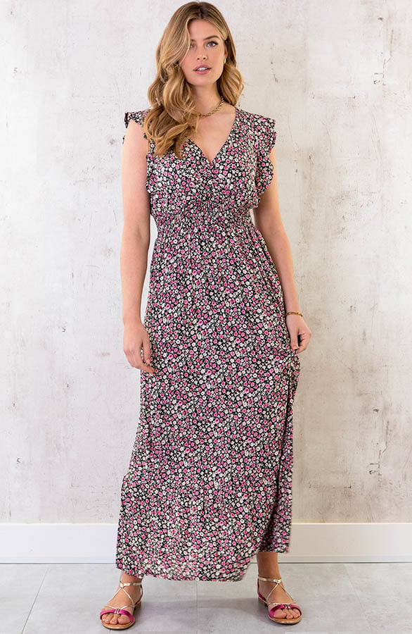 Ruffle Maxi Jurk Bloemen Zwart – shoparchief, foto 2
