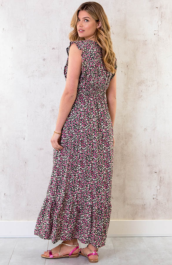 Ruffle Maxi Jurk Bloemen Zwart – shoparchief, foto 4