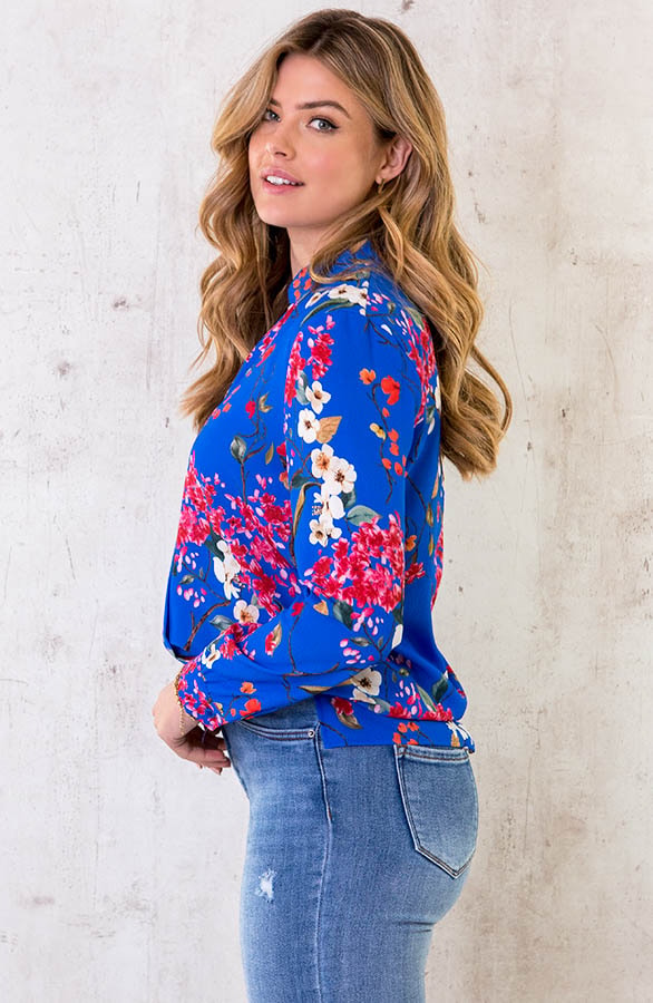 V-hals Bloemen Blouse Kobalt – shoparchief, foto 3