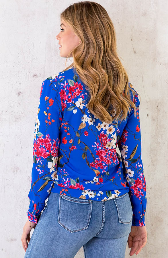 V-hals Bloemen Blouse Kobalt – shoparchief, foto 4