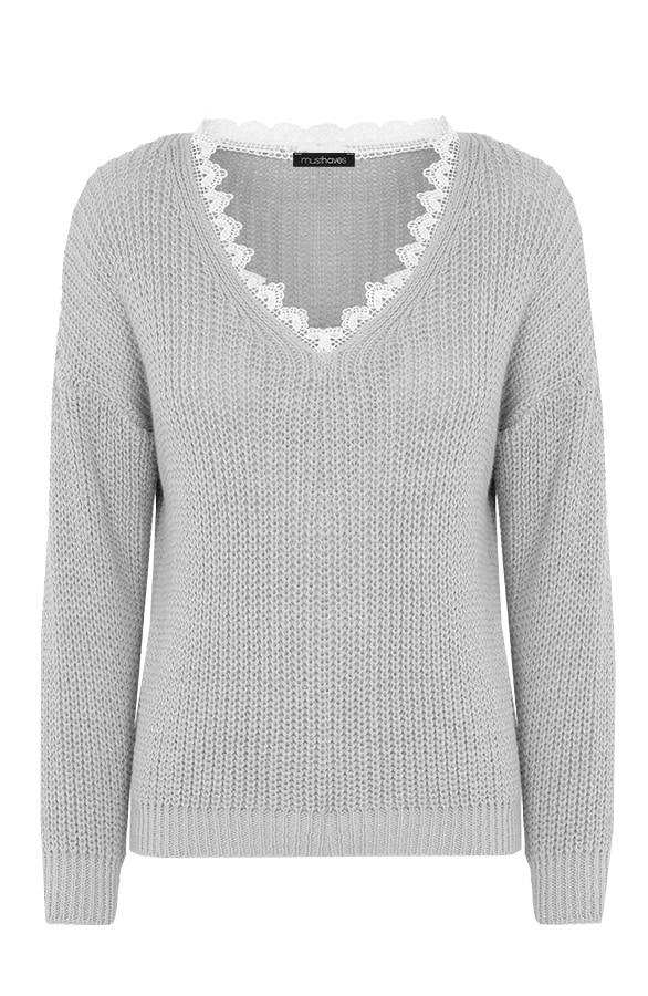 Basic Kanten V-hals Trui Grijs – shoparchief