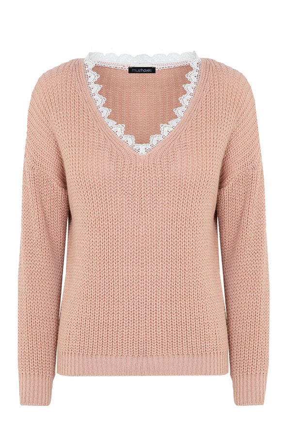 Basic Kanten V-hals Trui Lichtroze – shoparchief