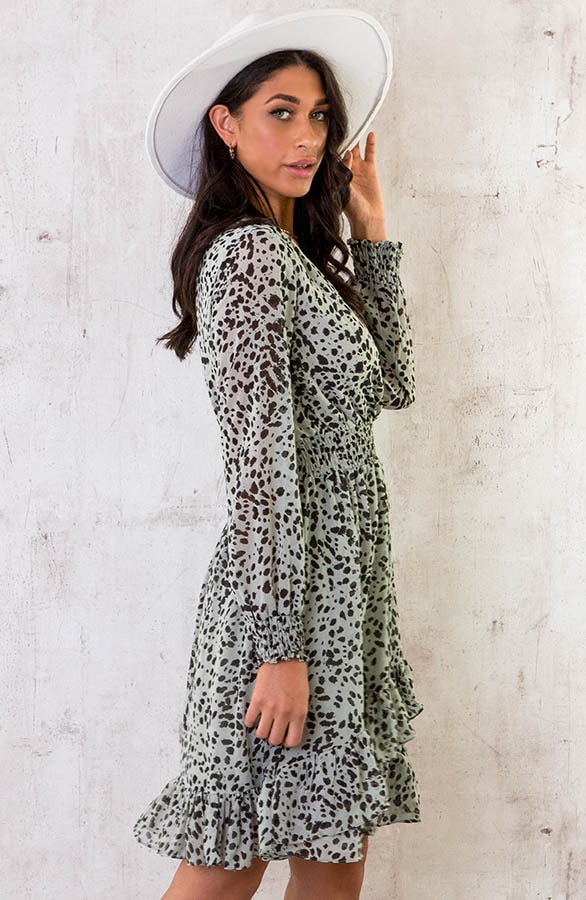 Cheetah Overslag Ruches Jurk Mint – shoparchief, foto 3