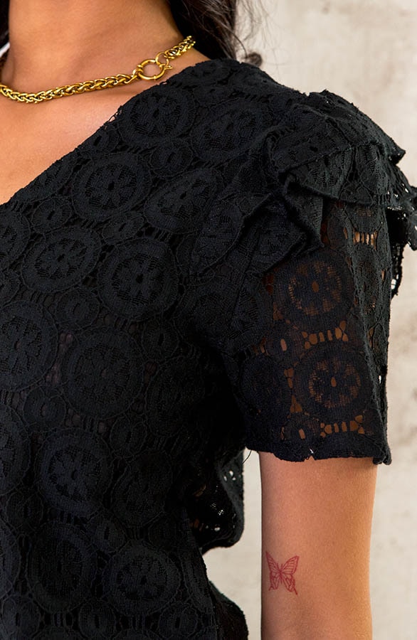 Embroidery Ruffle Top Zwart – shoparchief, foto 5
