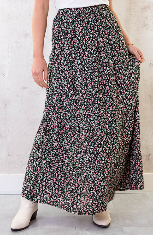 Katoenen Maxi Rok Bloemen Zwart Roze – shoparchief