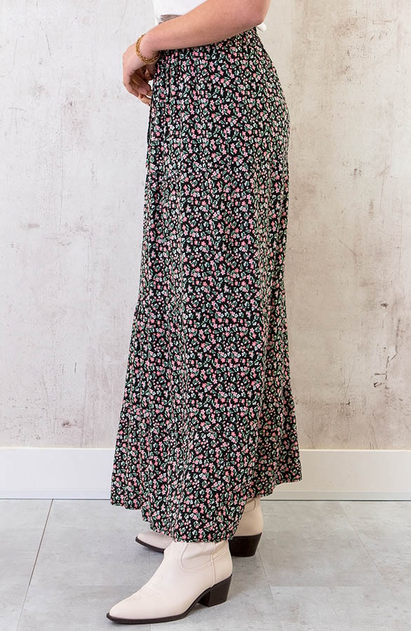 Katoenen Maxi Rok Bloemen Zwart Roze – shoparchief, foto 2