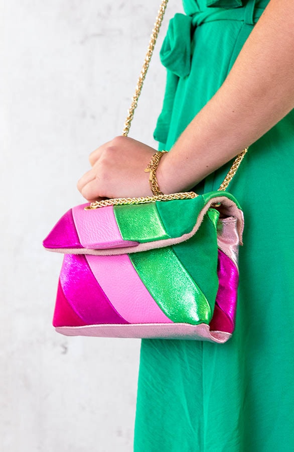 Leather Rainbow Chain Bag Roze Bright Green – shoparchief, foto 3