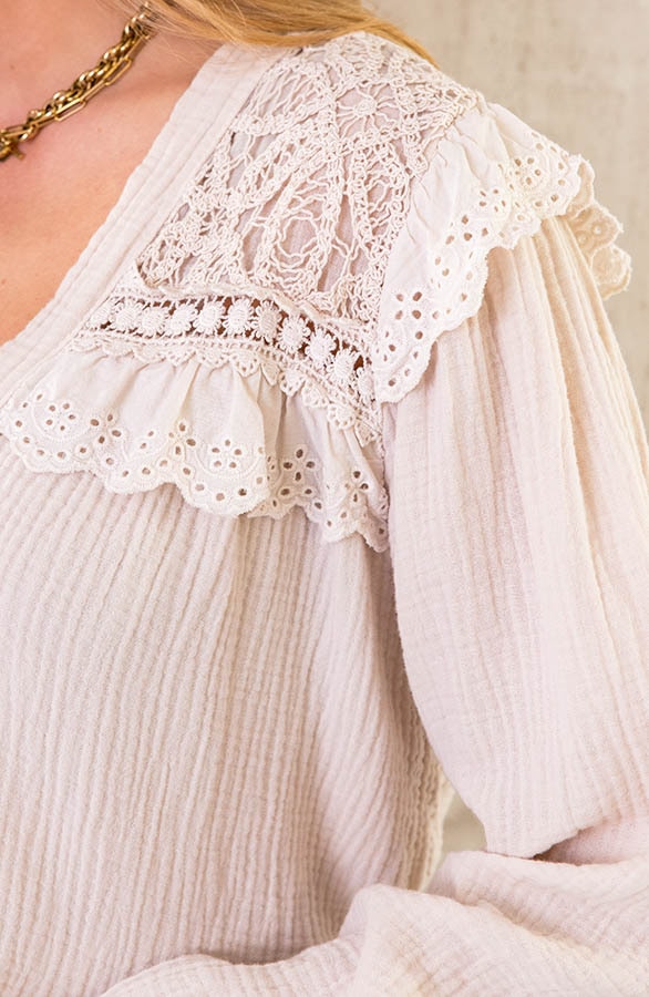 Oversized Katoenen Kanten Blouse Beige – shoparchief, foto 8