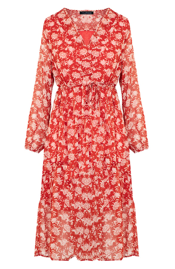 Midi Bloemenprint Jurk Rood – shoparchief, foto 6