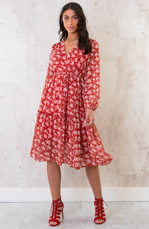 Midi Bloemenprint Jurk Rood – shoparchief