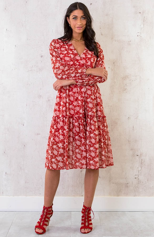Midi Bloemenprint Jurk Rood – shoparchief, foto 2