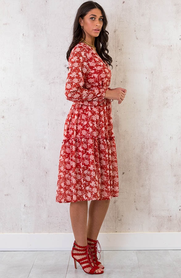 Midi Bloemenprint Jurk Rood – shoparchief, foto 3