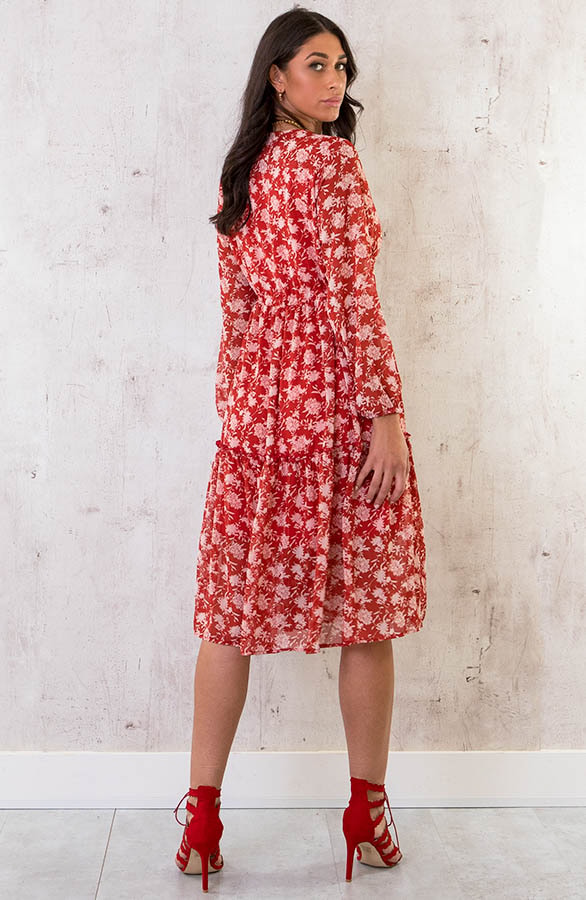 Midi Bloemenprint Jurk Rood – shoparchief, foto 4