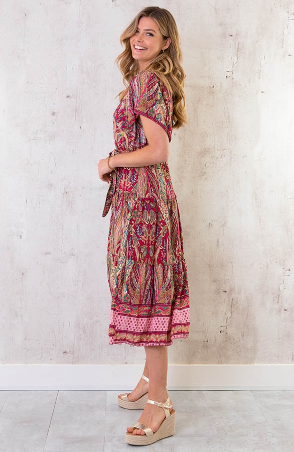 Midi Print Jurk Deluxe Fuchsia – shoparchief, foto 3