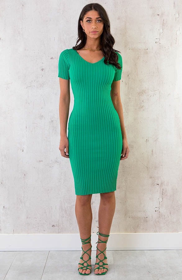Midi V Rib Stretch Jurk Bright Green – shoparchief, foto 2