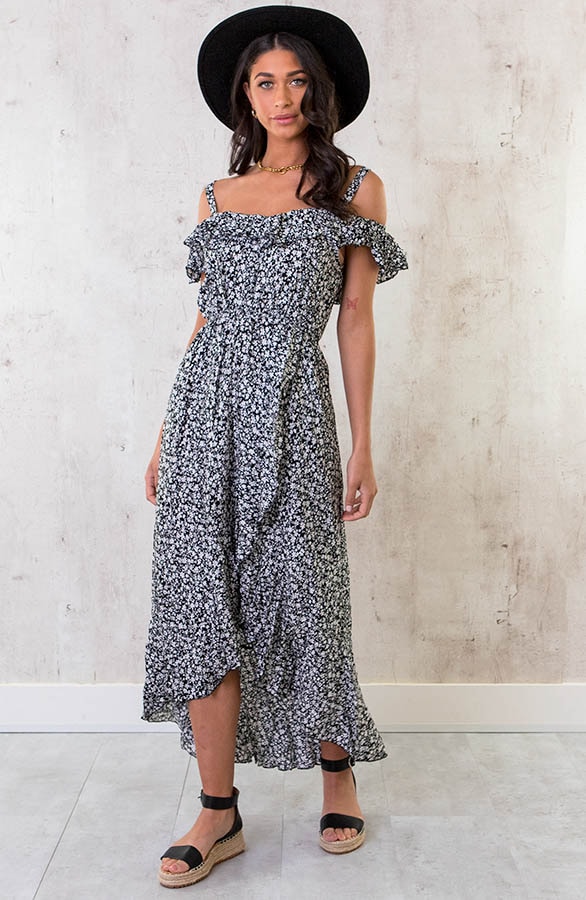 Off Shoulder Maxi Jurk Bloemen Zwart Wit – shoparchief, foto 2