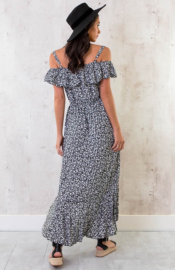 Off Shoulder Maxi Jurk Bloemen Zwart Wit – shoparchief, foto 4