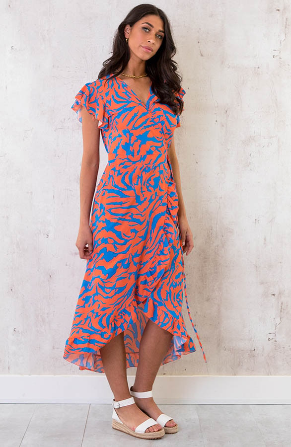 Overslag Jurk Midi Zebra Oranje Blauw – shoparchief, foto 2