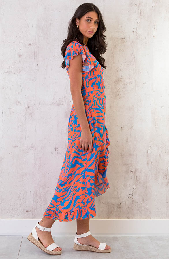 Overslag Jurk Midi Zebra Oranje Blauw – shoparchief, foto 3