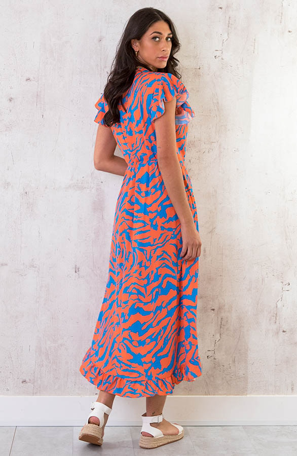 Overslag Jurk Midi Zebra Oranje Blauw – shoparchief, foto 4