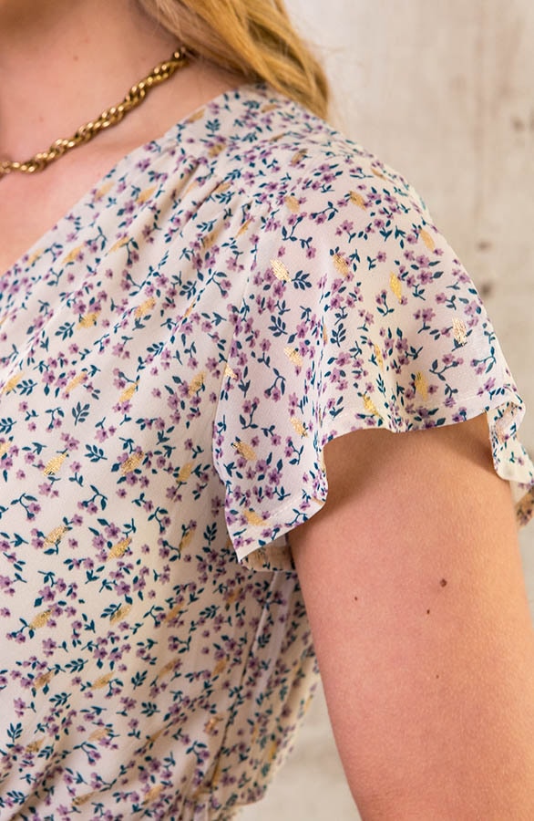 Ruffle Jurk Bloemen Ecru Lila – shoparchief, foto 5