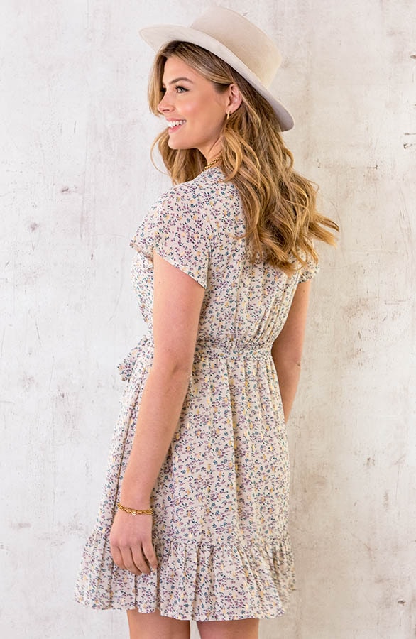 Ruffle Jurk Bloemen Ecru Lila – shoparchief, foto 4