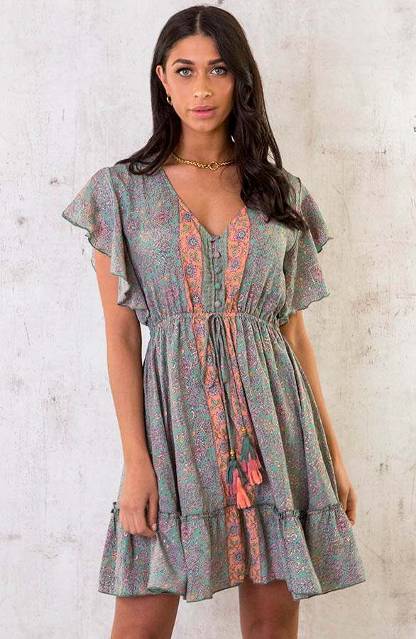 Silk Paisley Ruffle Jurk Army – shoparchief