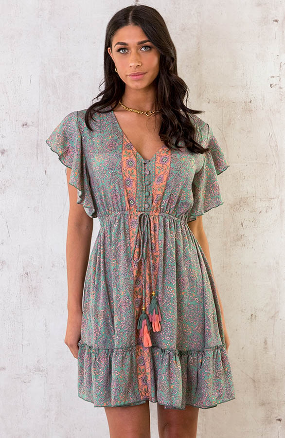 Silk Paisley Ruffle Jurk Army – shoparchief, foto 2